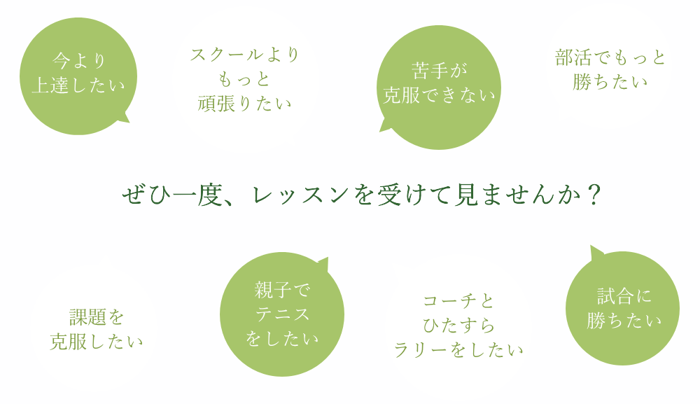今よりもテニスが上手になりたい方。長年悩んでいて、諦めようとしている方。スクールも楽しいけど、もっと頑張りたい方。コーチとひたすらラリーをしたい方。課題を克服したい方。親子でテニスをしたい方。部活でもっと勝ちたい方。試合に勝ちたい方。ぜひ一度、MIZUTA TENNISでレッスンを受けて見ませんか?